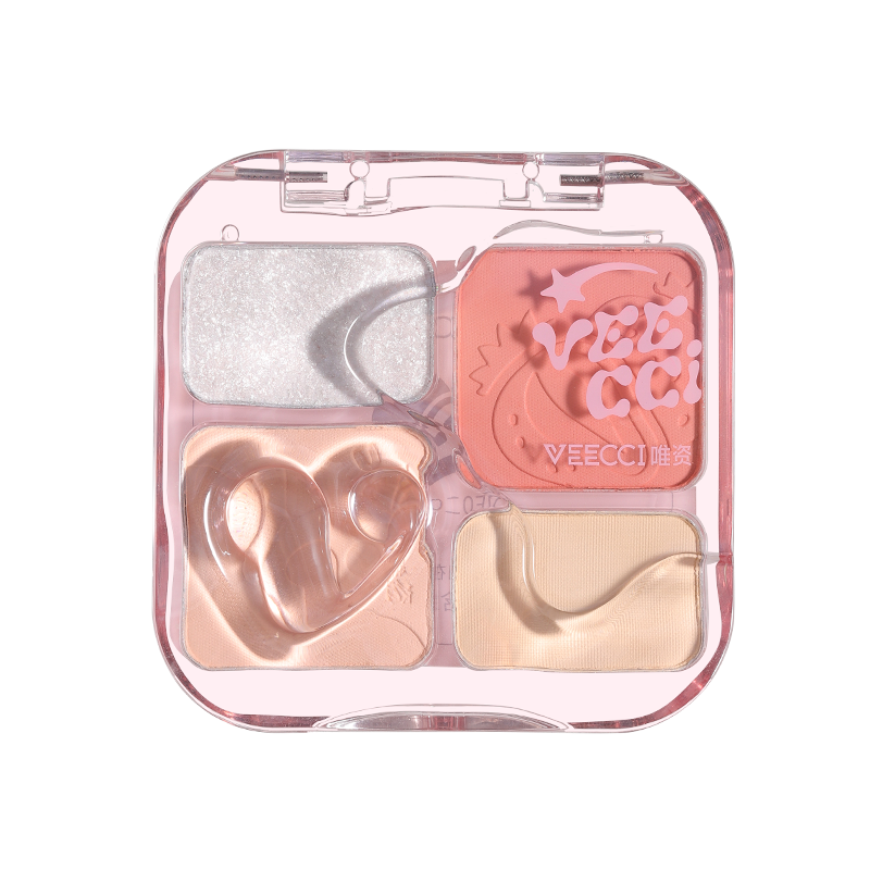 VEECCI Powder Blusher Palette Bright Pink Highlight Matte 4 in 1 Tone Natural Nude (9g)