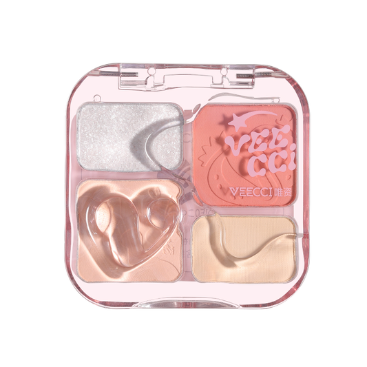 VEECCI Powder Blusher Palette Bright Pink Highlight Matte 4 in 1 Tone Natural Nude (9g)