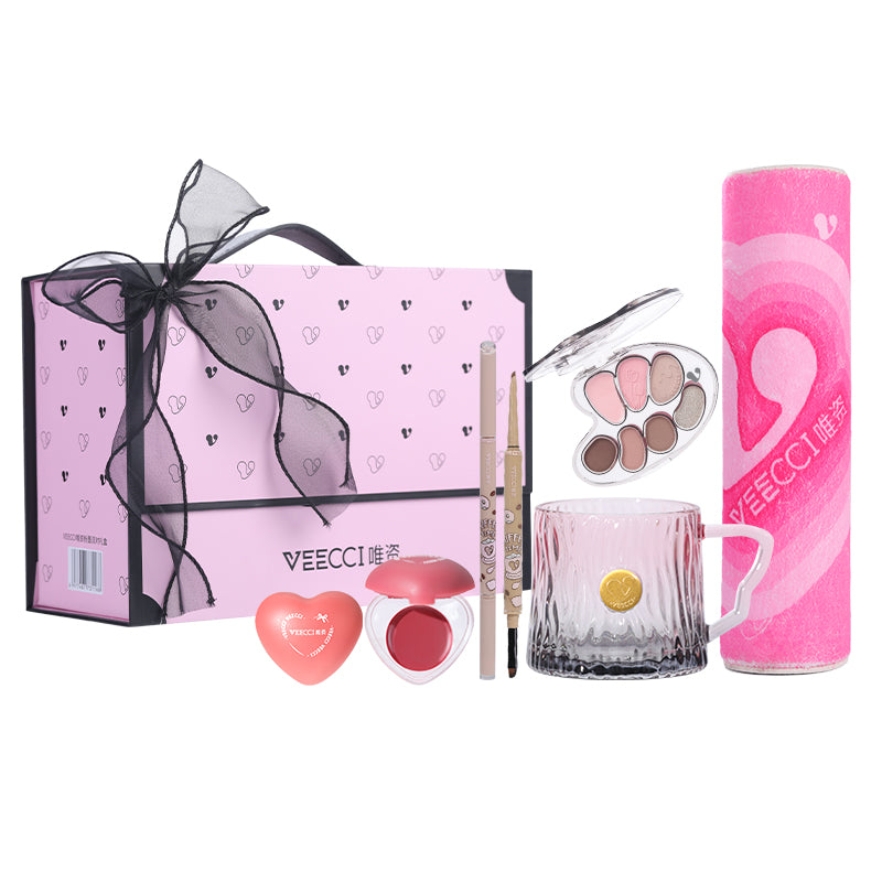 VEECCI Pink Ink Party Gift Set 7 Colors Eyeshadow Eyeliner Gel Pencil Blusher Set New Ribbon Gift Set!
