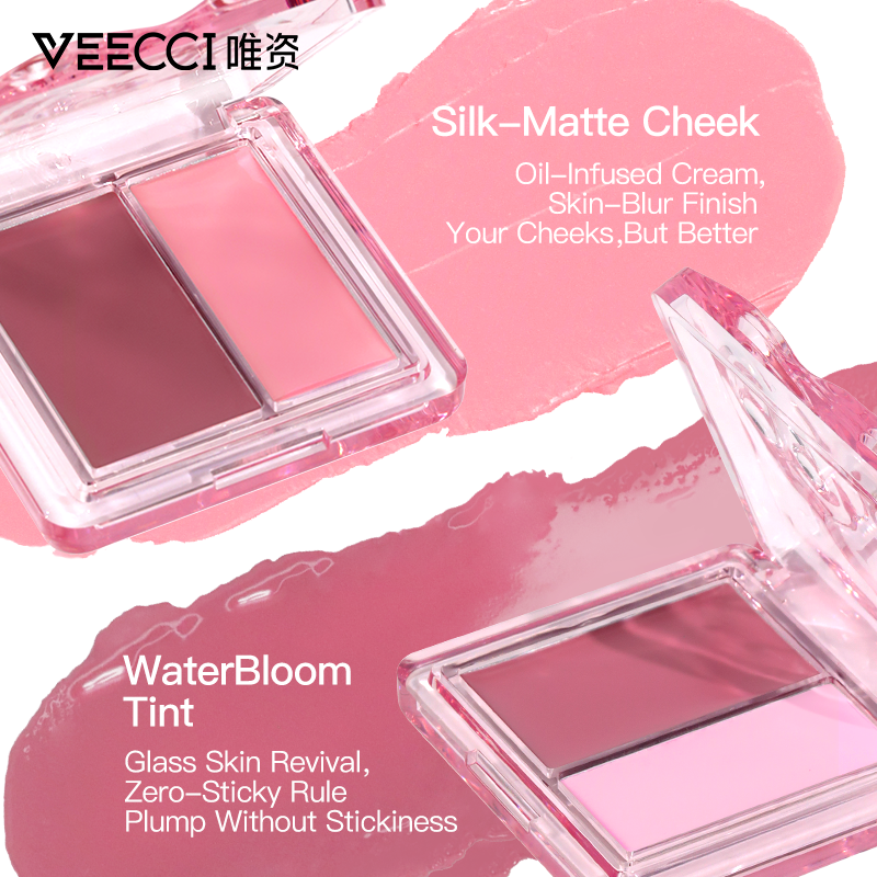 VEECCI Two Color Watershine Powder Blusher Cream Moisturizing Skin Sticking Sweet Girl Watershine Powder Blusher Is Not Easy To Take Off