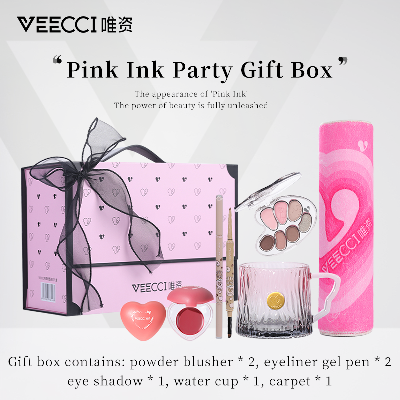 VEECCI Pink Ink Party Gift Set 7 Colors Eyeshadow Eyeliner Gel Pencil Blusher Set New Ribbon Gift Set!