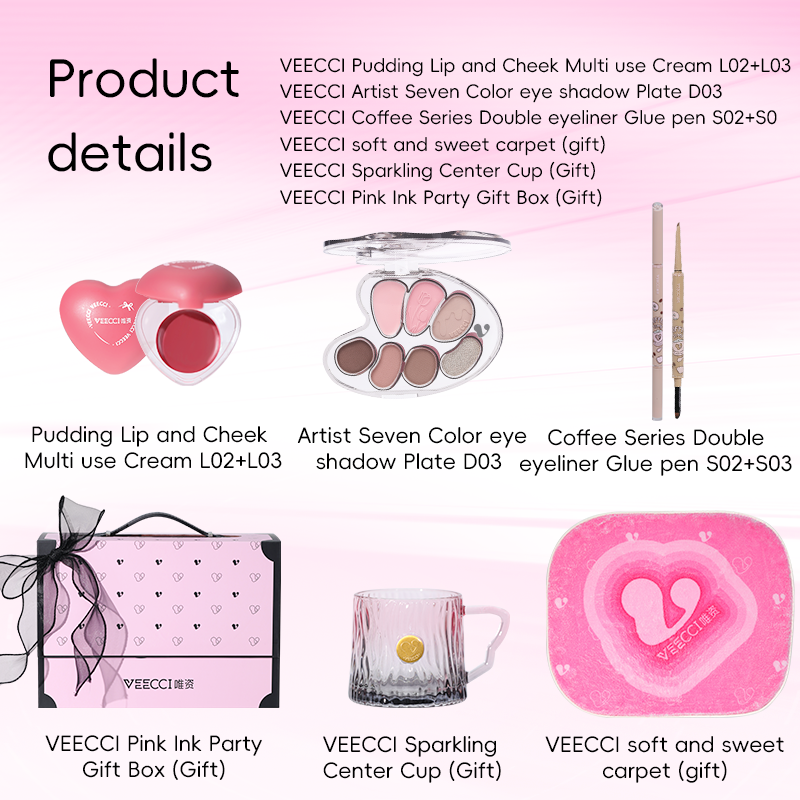 VEECCI Pink Ink Party Gift Set 7 Colors Eyeshadow Eyeliner Gel Pencil Blusher Set New Ribbon Gift Set!