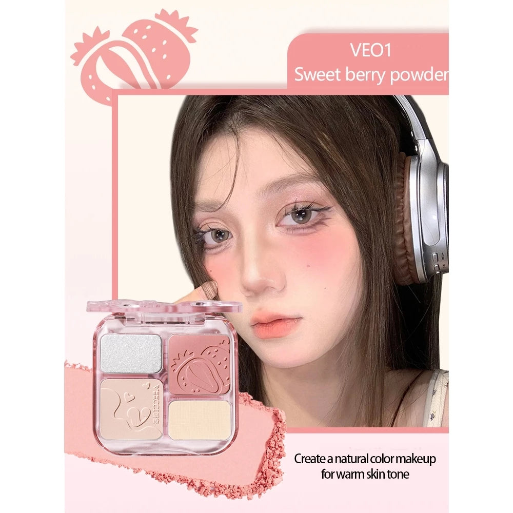 VEECCI Powder Blusher Palette Bright Pink Highlight Matte 4 in 1 Tone Natural Nude (9g)
