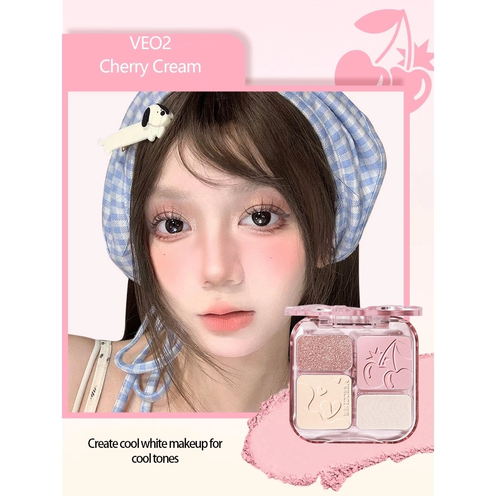 VEECCI Powder Blusher Palette Bright Pink Highlight Matte 4 in 1 Tone Natural Nude (9g)