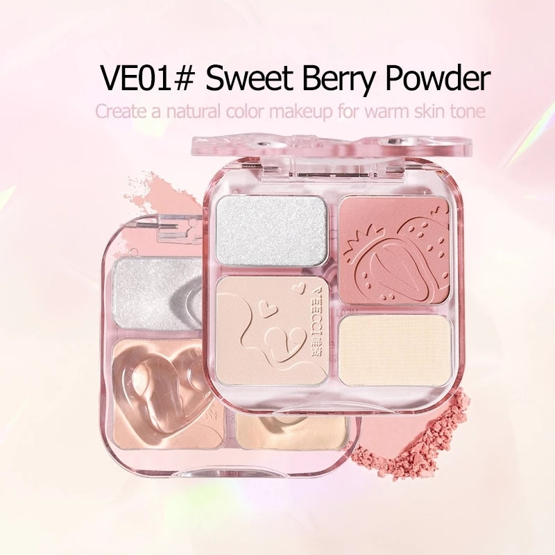 VEECCI Powder Blusher Palette Bright Pink Highlight Matte 4 in 1 Tone Natural Nude (9g)