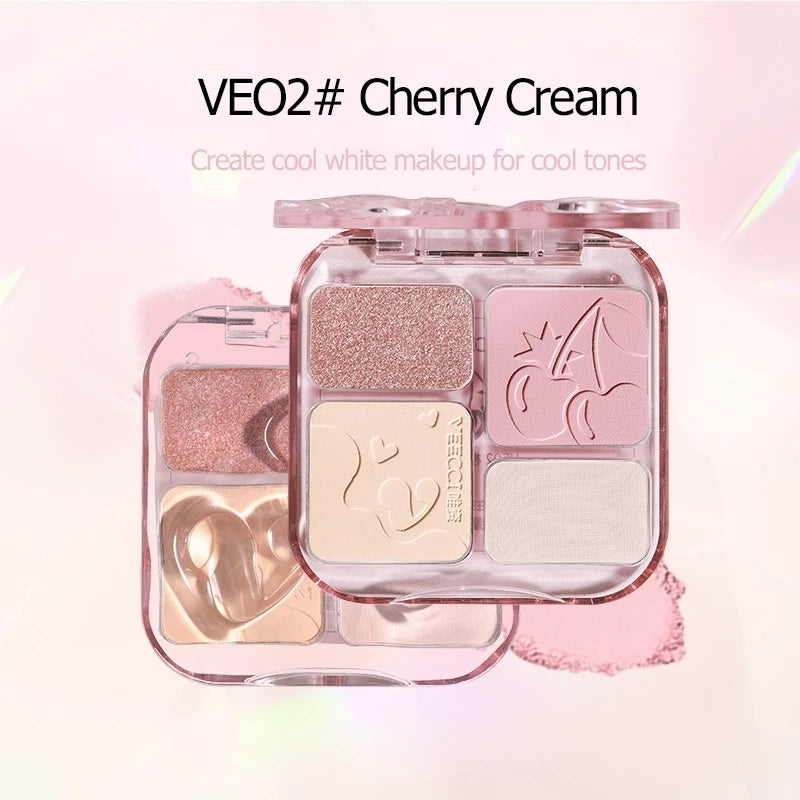 VEECCI Powder Blusher Palette Bright Pink Highlight Matte 4 in 1 Tone Natural Nude (9g)