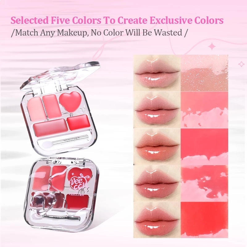 VEECCI Lip Gloss Color Palette Five Colors Glossy Versatile Non-Stick Cup Nature Lasting