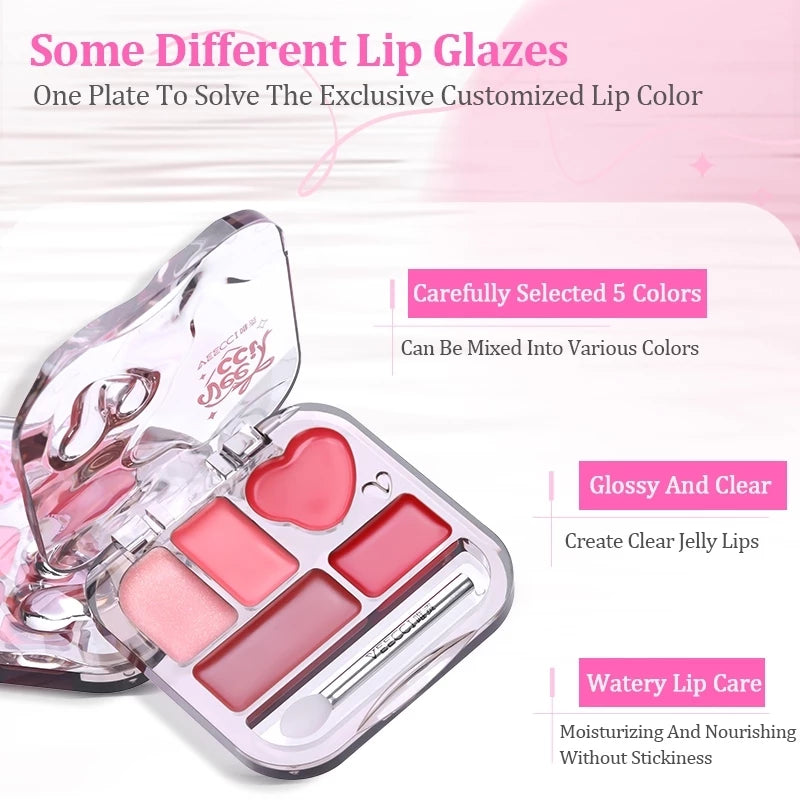 VEECCI Lip Gloss Color Palette Five Colors Glossy Versatile Non-Stick Cup Nature Lasting