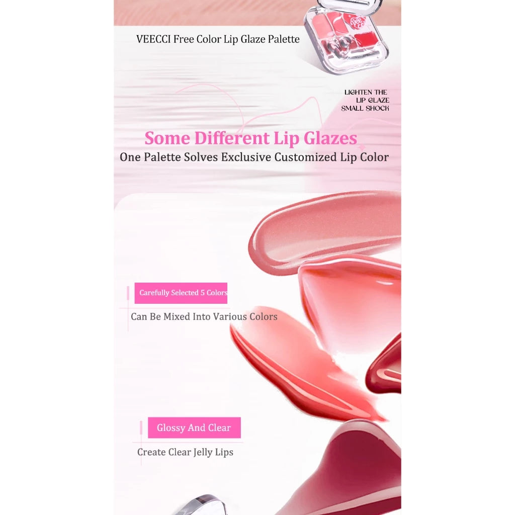 VEECCI Lip Gloss Color Palette Five Colors Glossy Versatile Non-Stick Cup Nature Lasting