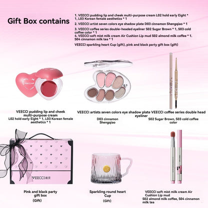 VEECCI Pink Ink Party Gift Set 7 Colors Eyeshadow Eyeliner Gel Pencil Blusher Set New Ribbon Gift Set!